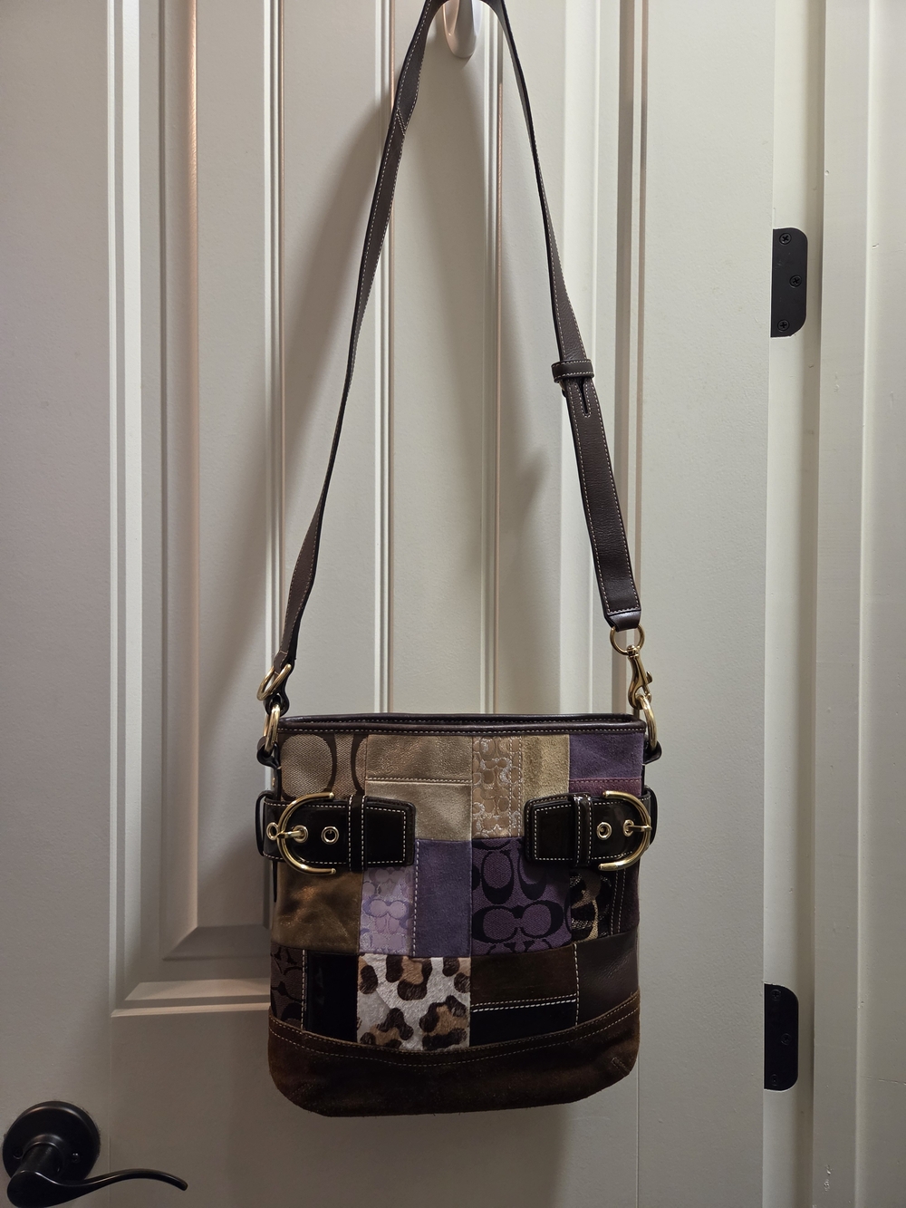 Coach Patchwork Signature Suede & Leather Crossbody - Brown & Purple